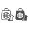 Package with globe and upward arrow line and solid icon. Consumer demand growth symbol, outline style pictogram on white