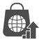 Package with globe and upward arrow solid icon. Consumer demand growth symbol, glyph style pictogram on white background