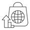 Package with globe and upward arrow thin line icon. Consumer demand growth symbol, outline style pictogram on white