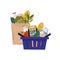 package with healthy food and shopping basket