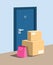 Package parcel and shopping bag in front door, symbol for online shopping delivery and awareness from package theft concept in car