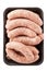 Package of raw beef or pork sausages isolated on white