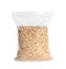 Package with raw oatmeal on white background