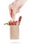 Package of sausage set in hand. Concept sale and delivery meat products. On white
