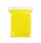 Package of yellow play dough on white background, top view