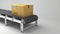 Packages delivery, packaging service and parcels transportation system concept, cardboard boxes on conveyor belt in warehouse, 3d