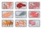 Packages with fresh meat, bacon, sausages, fish and chicken set, food plastic trays containers with transparent