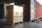 Packaging Boxes Stacked Wrapped Plastic on Pallets Loading with Shipping Cargo Container. Delivery Trucks Loading Dock Warehouse.