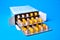 Packaging with pills, capsules in blisters, blue background, close-up