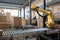 packaging and sorting robot, with view of busy warehouse and conveyor belts in the background