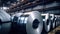 Packed rolls of steel sheet, Cold rolled steel coils. Generative Ai