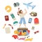 Packing suitcase for vacation. Set of travel items, Vector cartoon illustration