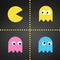 Pacman set, Flat smile icons set, Pac man character, gameboy space game collection, ghost. vector illustration isolated on black b
