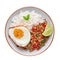 Pad Krapow Gai - Thai Basil Chicken with Rice and fried Egg isolated on white background. Thai Food. Isolate