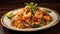 Pad thai, stir-fried rice noodles with prawns. AI Generative