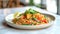 Pad Thai with tofu, noodles, and mixed vegetables served in a ceramic bowl. Traditional Thai dish with lime and peanuts