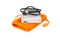 Padded orange hard disk drive. Portable silver HDD on top of its protection housing