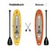 Paddle board, air sup rescue, inflatable surf, surfboard orange and yellow with black paddles, water sport,