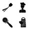 Paddle for the oven, cutter for pizza, cook, rubbing cheese. Pizza and pizzeria set collection icons in black style
