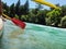 Paddle, river and the side of the boat during rafting