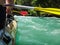 Paddle, river and the side of the boat during rafting