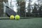 Paddle tennis rackets and balls on artificial grass