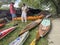 Paddlers with stand up paddleboards, kayaks and canoes at Kaw Point Park, confluence of