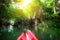 Paddling canoe through fantasy landscape of mangrove forest