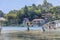 Paddling traditional boats on lake, Santiago Atitlan, Lake Atitlan, Guatemala