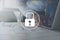 Padlock denoting security on the working in the office on table background