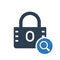 Padlock icon, security icon with research sign. Padlock icon and explore, find, inspect symbol