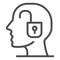Padlock inside human head line icon, education concept, knowledge and discoveries sign on white background, pursuit of