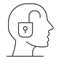 Padlock inside human head thin line icon, education concept, knowledge and discoveries sign on white background, pursuit