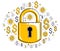 Padlock lock surrounded by dollar money icons set, electronic money protection concept, savings insurance, safe business, personal