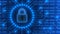 Padlock logo - abstract background in blue of 4-digit binary code behind glowing information connecting lines - cyber security