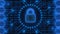 Padlock logo - abstract background in blue of 4-digit binary code behind information connecting lines between honeycomb elements