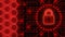 Padlock logo - abstract background in red of 4-digit binary code behind information connecting lines and honeycomb elements