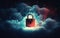 Padlock over a cloud graphic, denoting cybersecurity, data protection, privacy in the digital age