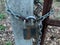 Padlock on the street gate. The door is chained and padlocked. Hinged block on the doors in the yard