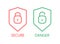 Padlock thin line icons. Secure and danger symbols. Locked and unlocked. Vector