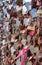 padlocks of loving couples at embankment of Tejo River (Tagus). Belem district in Lisbon