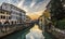 Padova cityscape from Canal at sunset