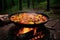 paella cooking process over campfire, showcasing various stages