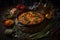 Paella, national spanish dish in frying pan, vegetables ingredients on wooden table.