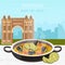 Paella national spanish dish Vector. Barcelona architecture on backgrounds