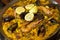 Paella with rice shrimps and mussels in pan