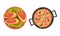 Paella with Seafood and Sandwiches with Forcemeat as Served Spanish Cuisine Dish Above View Vector Set