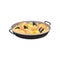 Paella with shrimps, oysters and slices of lemon in black pan. Traditional Spanish dish. Flat vector for promo flyer or