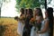 Pagan women in the morning forest looking in the distance