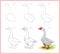 Page shows how to learn to draw step by step cute goose from farm. Developing children skills for drawing and coloring. Printable